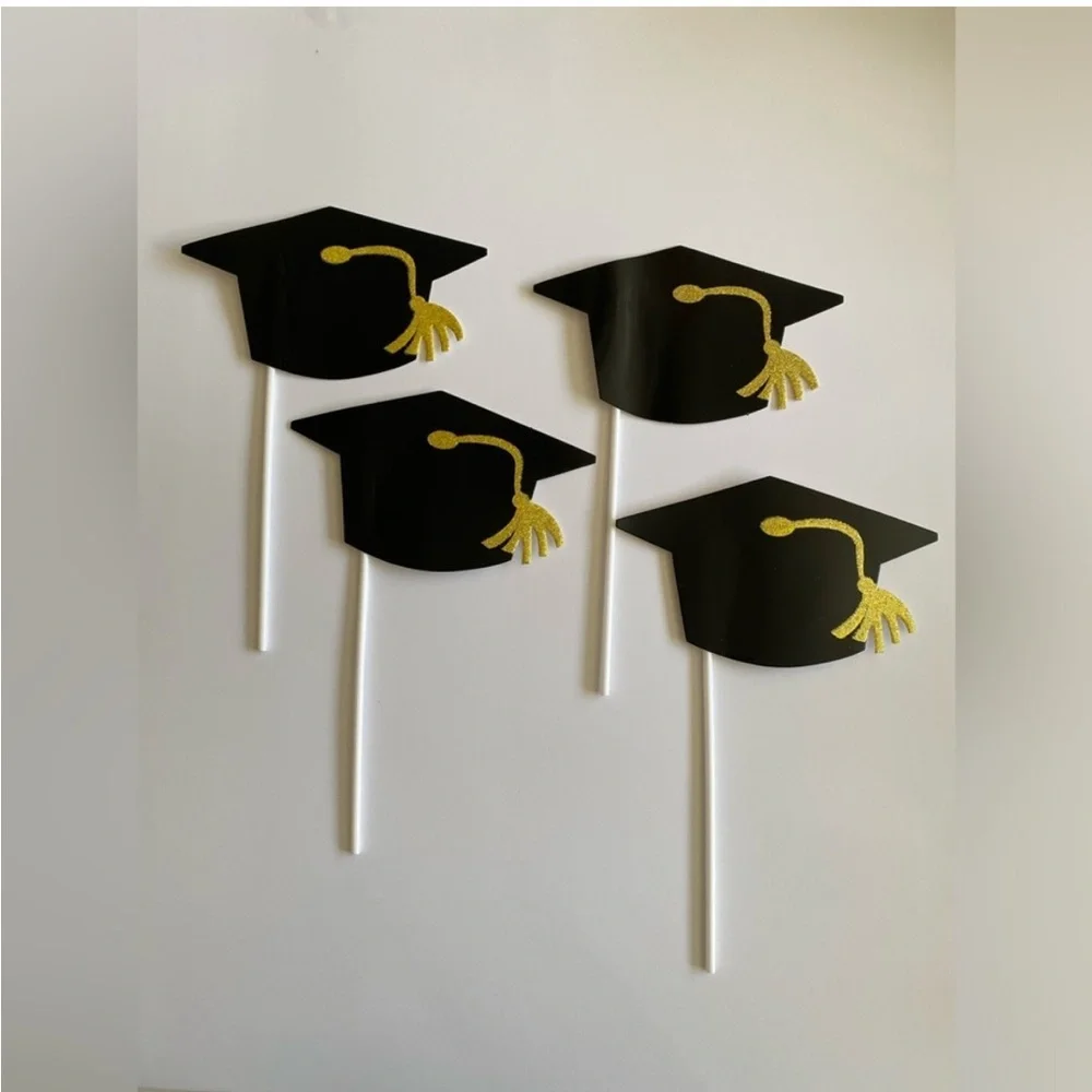 Graduation Cupcake Cake Toppers Decorations Thank You Notes Black Gold NWT OS
